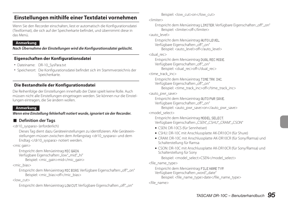 Einstellungen mithilfe einer textdatei vornehmen, Eigenschaften der konfigurationsdatei, Die bestandteile der konfigurationsdatei | Teac DR-10C User Manual | Page 95 / 148