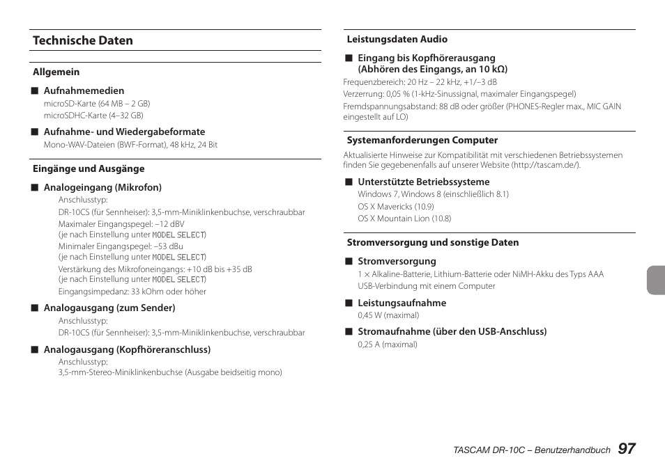 Technische daten, Allgemein, Eingänge und ausgänge | Leistungsdaten audio, Systemanforderungen computer, Stromversorgung und sonstige daten | Teac DR-10C User Manual | Page 97 / 148