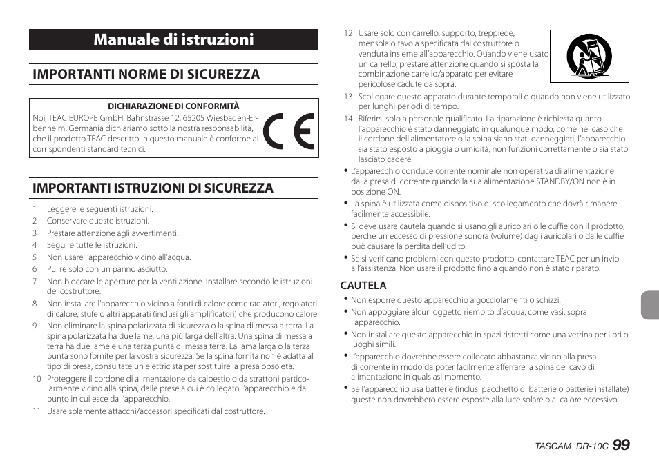 Italiano, Manuale di istruzioni, Importanti norme di sicurezza | Importanti istruzioni di sicurezza | Teac DR-10C User Manual | Page 99 / 148