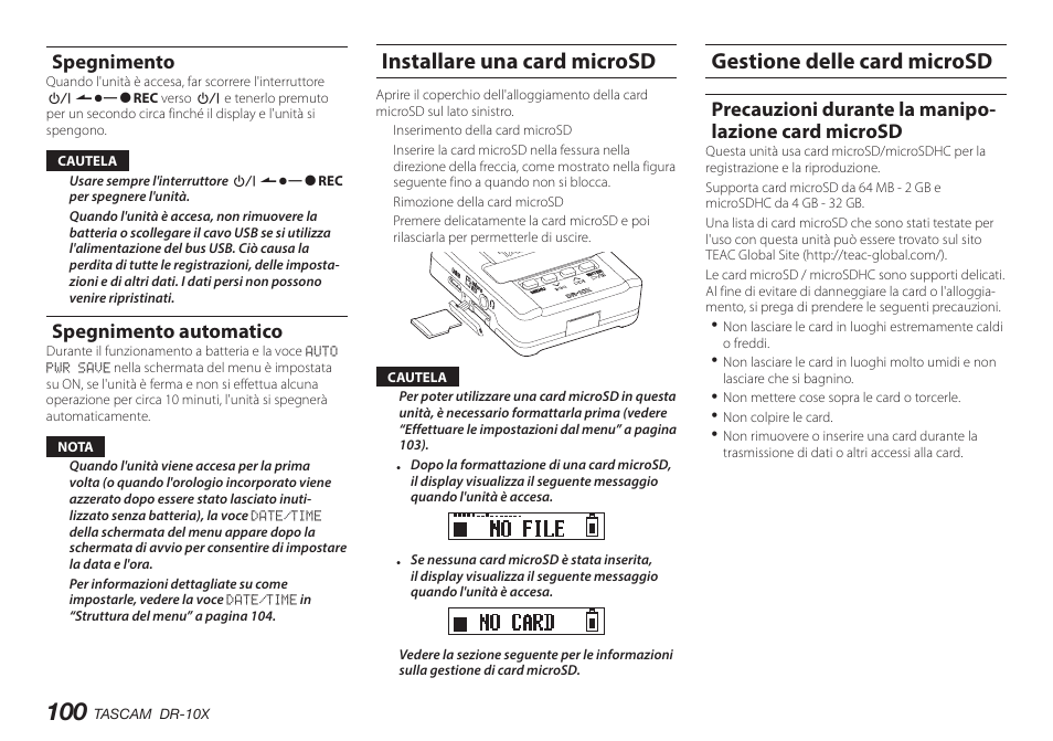 Spegnimento, Spegnimento automatico, Installare una card microsd | Gestione delle card microsd, Precauzioni durante la manipolazione card microsd | Teac DR-10X User Manual | Page 100 / 132