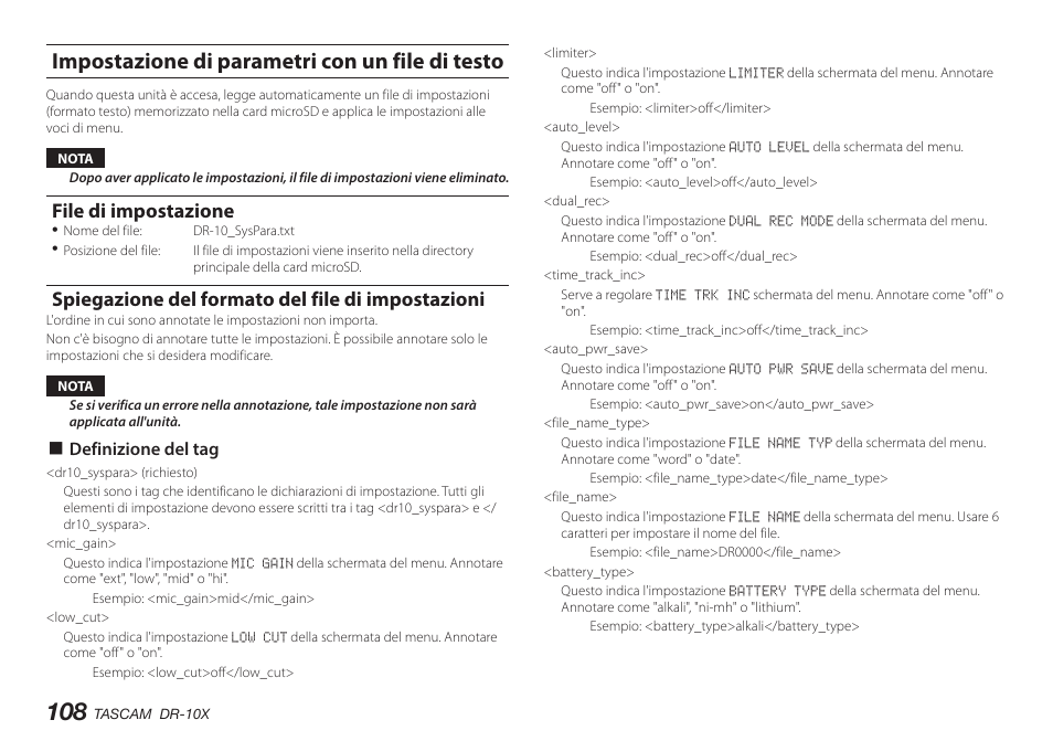 Impostazione di parametri con un file di testo, File di impostazione, Spiegazione del formato del file di impostazioni | 8 definizione del tag | Teac DR-10X User Manual | Page 108 / 132