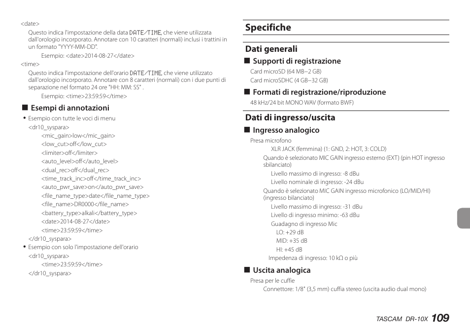 Specifiche, Dati generali, Dati di ingresso/uscita | Teac DR-10X User Manual | Page 109 / 132