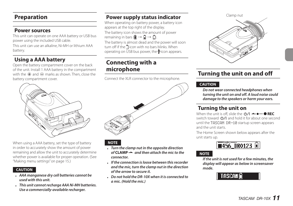 Preparation, Power sources, Using a aaa battery | Power supply status indicator, Connecting with a microphone, Turning the unit on and off, Turning the unit on | Teac DR-10X User Manual | Page 11 / 132