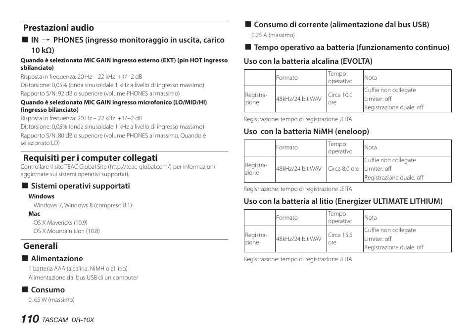 Prestazioni audio, Requisiti per i computer collegati, Generali | Teac DR-10X User Manual | Page 110 / 132