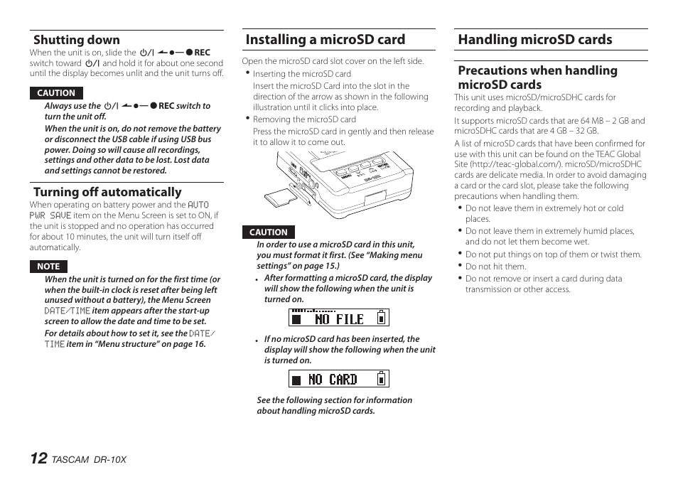 Shutting down, Turning off automatically, Installing a microsd card | Handling microsd cards, Precautions when handling microsd cards, Installing a microsd card handling microsd cards | Teac DR-10X User Manual | Page 12 / 132