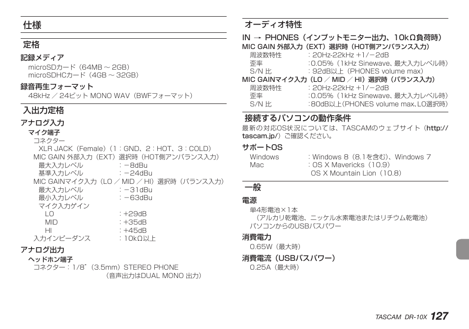 入出力定格, オーディオ特性, 接続するパソコンの動作条件 | 定格 入出力定格 オーディオ特性 接続するパソコンの動作条件 一般 | Teac DR-10X User Manual | Page 127 / 132