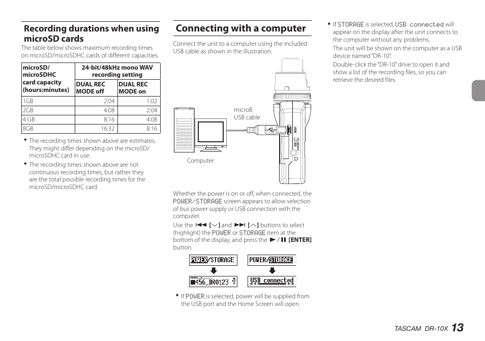 Recording durations when using microsd cards, Connecting with a computer | Teac DR-10X User Manual | Page 13 / 132