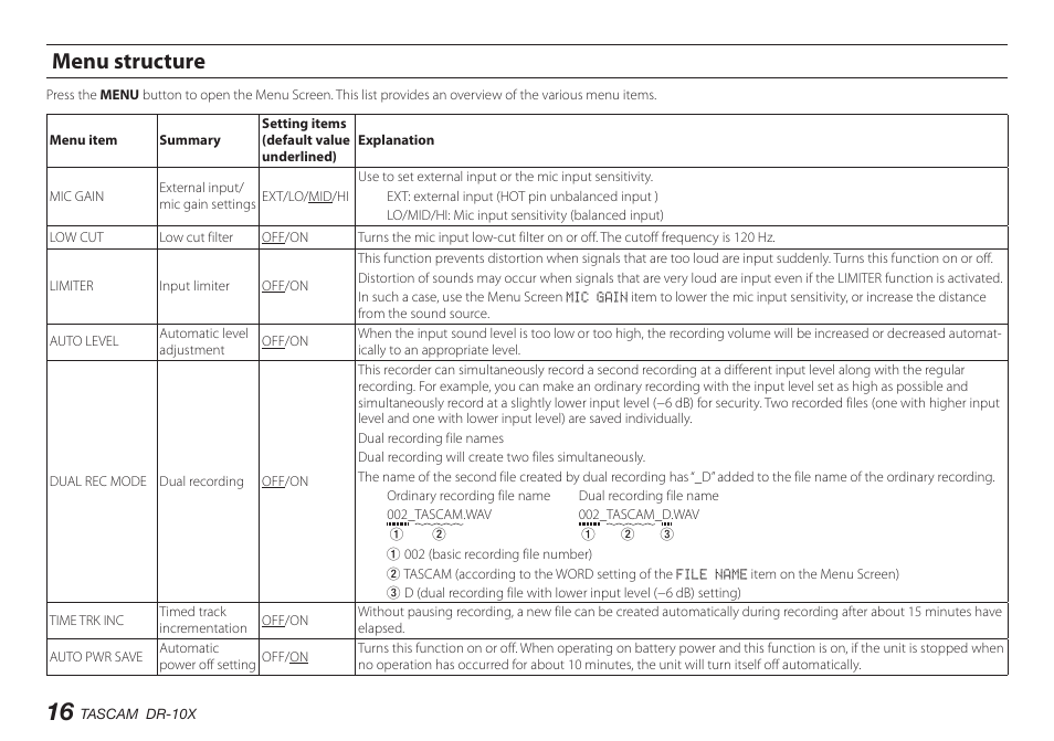 Menu structure | Teac DR-10X User Manual | Page 16 / 132