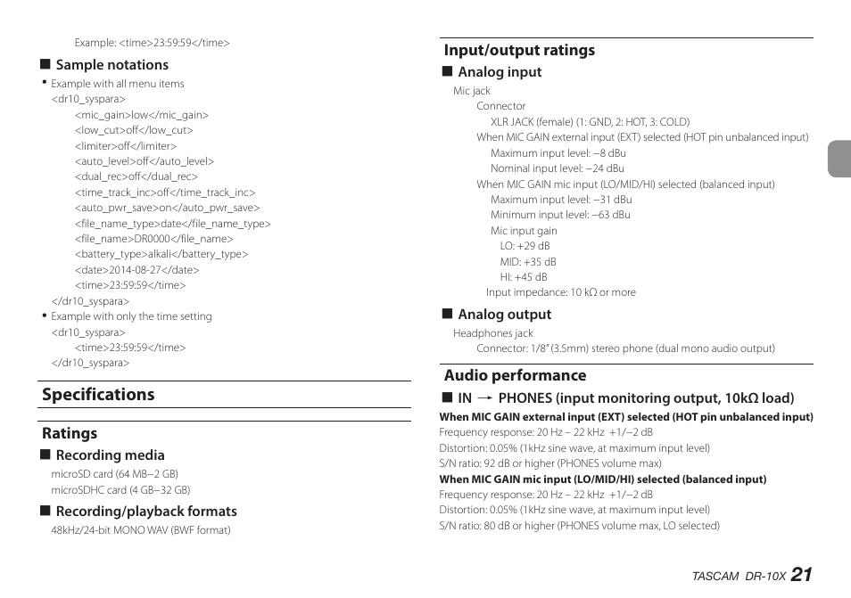 Specifications, Ratings, Input/output ratings | Audio performance | Teac DR-10X User Manual | Page 21 / 132