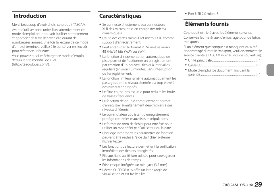 Introduction, Caractéristiques, Éléments fournis | Introduction caractéristiques éléments fournis | Teac DR-10X User Manual | Page 29 / 132