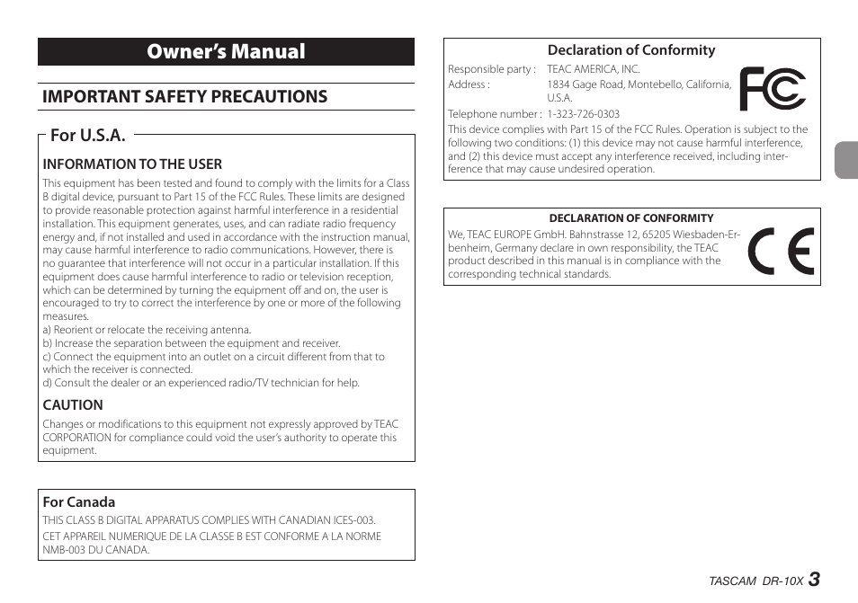 English, Owner’s manual, Important safety precautions | For u.s.a | Teac DR-10X User Manual | Page 3 / 132