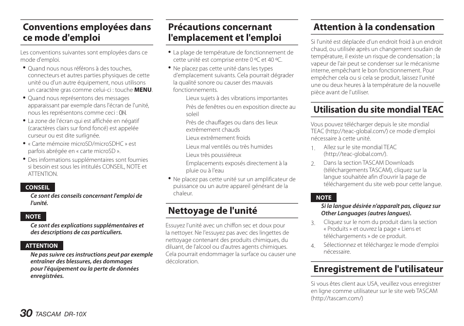 Conventions employées dans ce mode d'emploi, Précautions concernant l'emplacement et l'emploi, Nettoyage de l'unité | Attention à la condensation, Utilisation du site mondial teac, Enregistrement de l'utilisateur | Teac DR-10X User Manual | Page 30 / 132