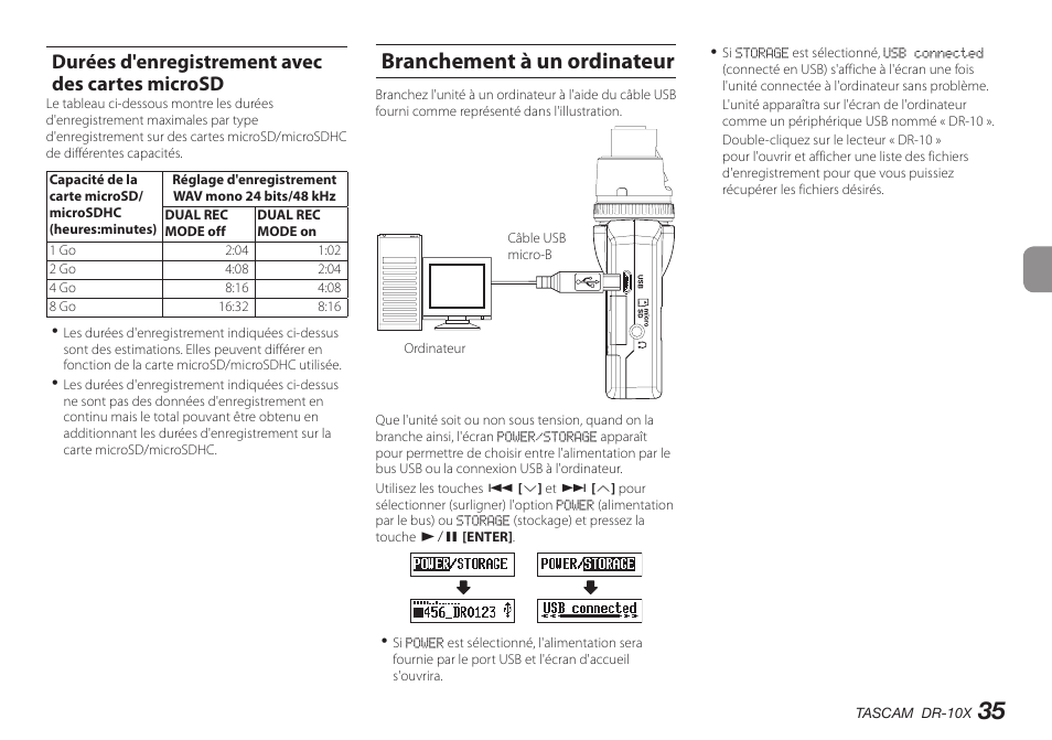 Durées d'enregistrement avec des cartes microsd, Branchement à un ordinateur | Teac DR-10X User Manual | Page 35 / 132