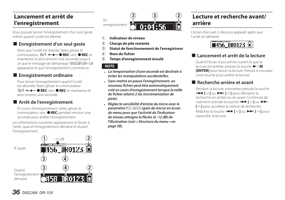 Lancement et arrêt de l'enregistrement, Lecture et recherche avant/arrière, Lecture et recherche avant/ arrière | Teac DR-10X User Manual | Page 36 / 132