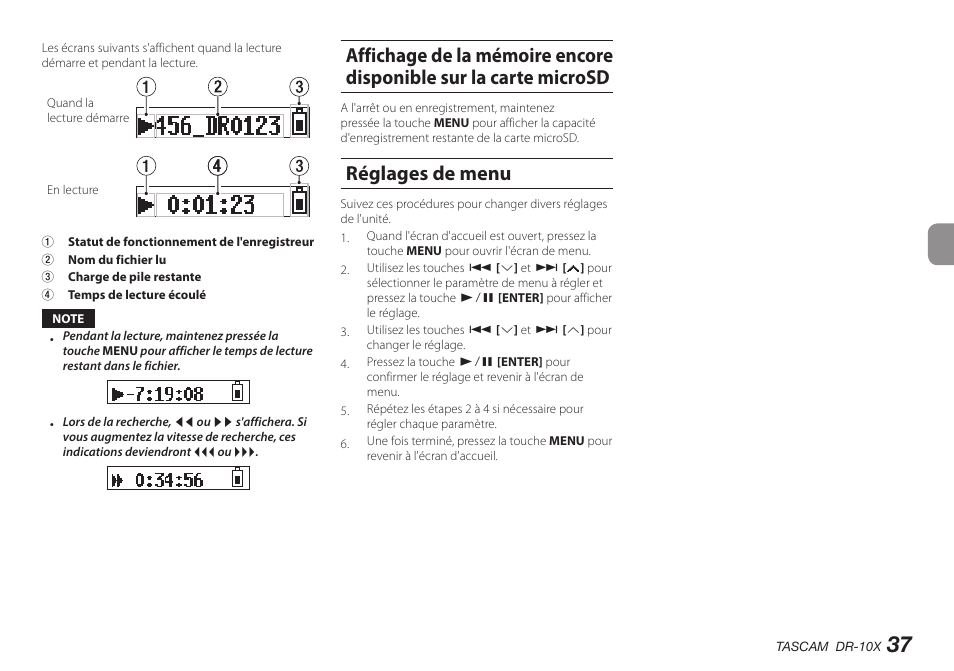 Réglages de menu | Teac DR-10X User Manual | Page 37 / 132