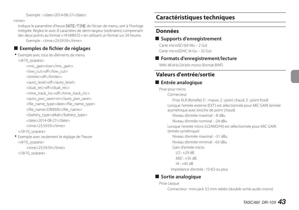 Caractéristiques techniques, Données, Valeurs d'entrée/sortie | Teac DR-10X User Manual | Page 43 / 132