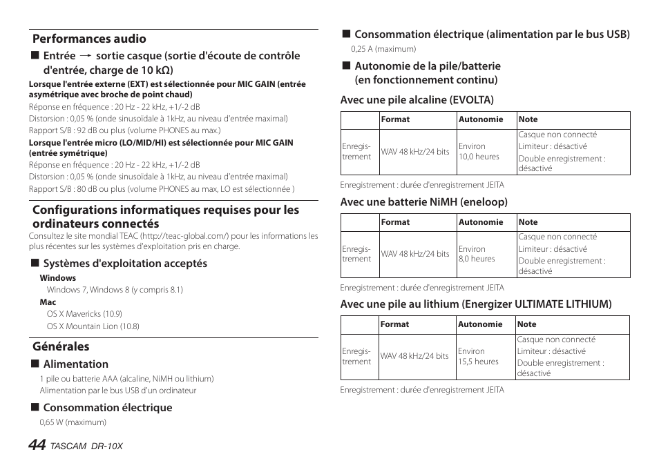 Performances audio, Générales | Teac DR-10X User Manual | Page 44 / 132