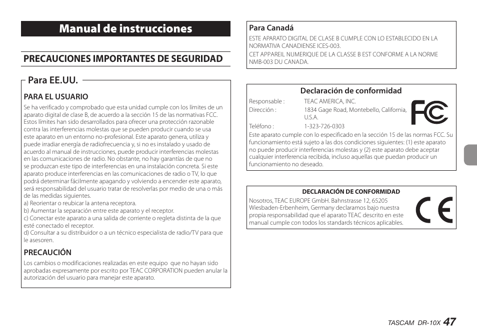 Español, Manual de instrucciones, Precauciones importantes de seguridad | Para ee.uu | Teac DR-10X User Manual | Page 47 / 132