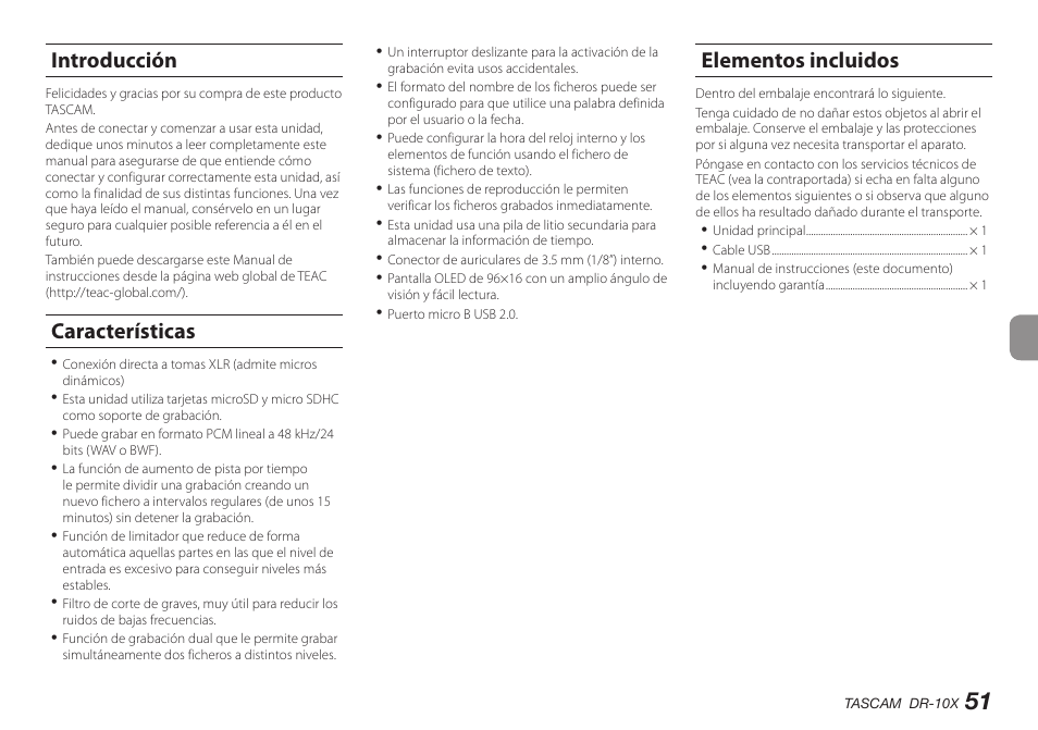 Introducción, Características, Elementos incluidos | Introducción características elementos incluidos | Teac DR-10X User Manual | Page 51 / 132