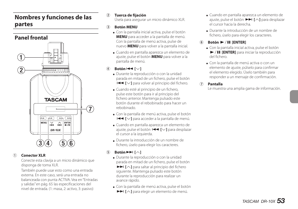 Nombres y funciones de las partes, Panel frontal | Teac DR-10X User Manual | Page 53 / 132