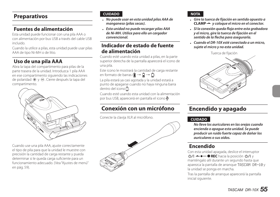 Preparativos, Fuentes de alimentación, Uso de una pila aaa | Indicador de estado de fuente de alimentación, Conexión con un micrófono, Encendido y apagado, Encendido, Conexión con un micrófono encendido y apagado | Teac DR-10X User Manual | Page 55 / 132