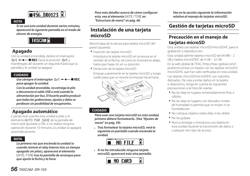 Apagado, Apagado automático, Instalación de una tarjeta microsd | Gestión de tarjetas microsd, Precaución en el manejo de tarjetas microsd | Teac DR-10X User Manual | Page 56 / 132