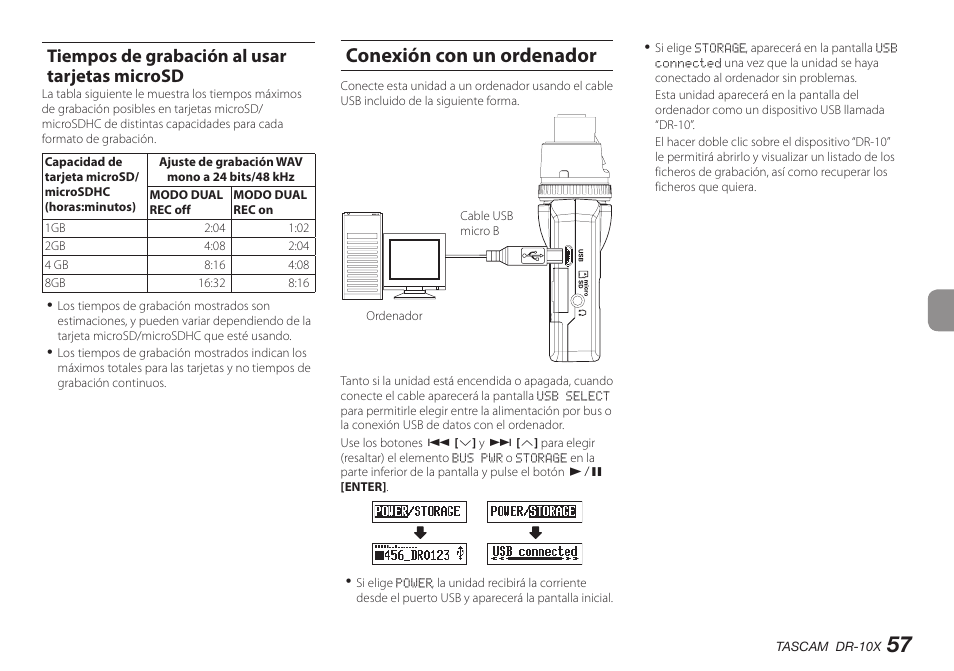 Tiempos de grabación al usar tarjetas microsd, Conexión con un ordenador | Teac DR-10X User Manual | Page 57 / 132