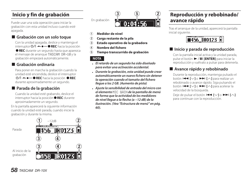 Inicio y fin de grabación, Reproducción y rebobinado/avance rápido, Reproducción y rebobinado/ avance rápido | Teac DR-10X User Manual | Page 58 / 132