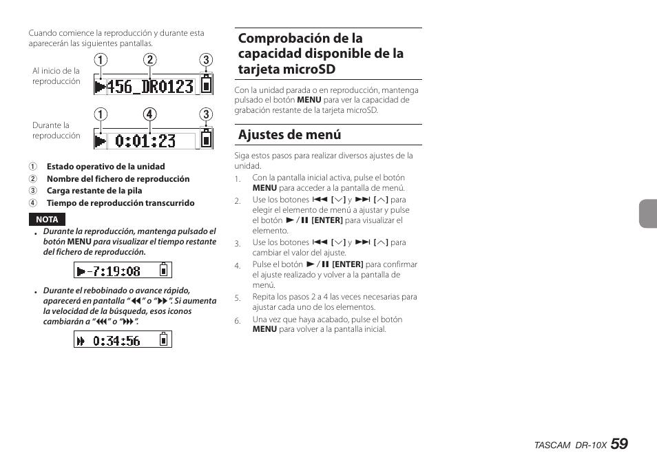 Ajustes de menú | Teac DR-10X User Manual | Page 59 / 132