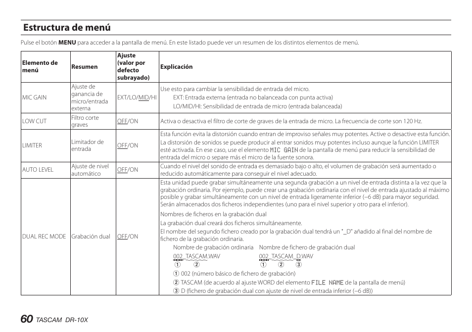 Estructura de menú | Teac DR-10X User Manual | Page 60 / 132