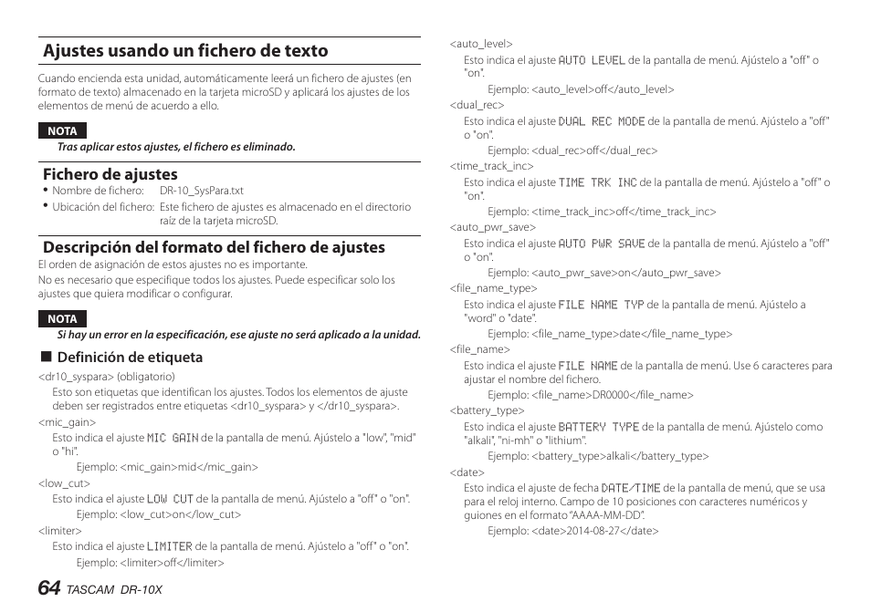 Ajustes usando un fichero de texto, Fichero de ajustes, Descripción del formato del fichero de ajustes | 8 definición de etiqueta | Teac DR-10X User Manual | Page 64 / 132