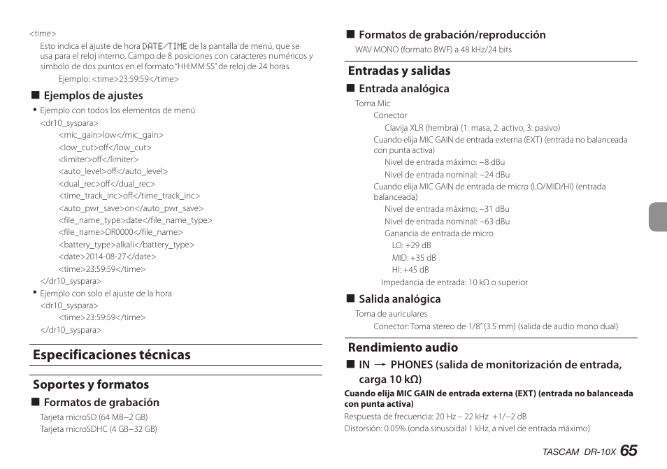 Especificaciones técnicas, Soportes y formatos, Entradas y salidas | Rendimiento audio | Teac DR-10X User Manual | Page 65 / 132