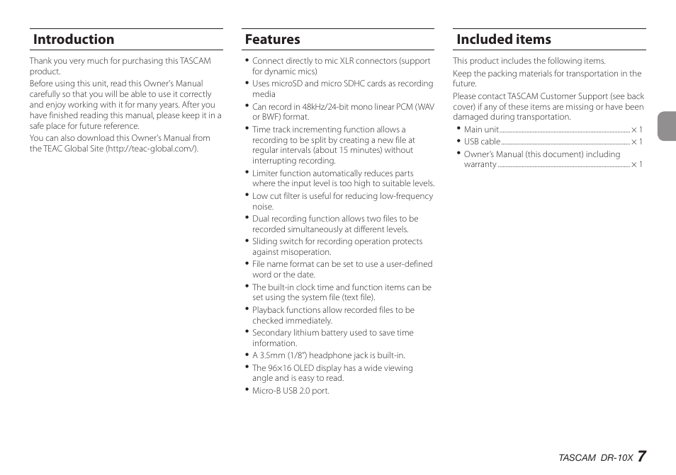 Introduction, Features, Included items | Introduction features included items | Teac DR-10X User Manual | Page 7 / 132