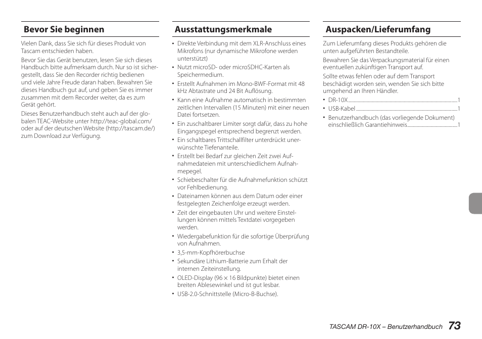 Bevor sie beginnen, Ausstattungsmerkmale, Auspacken/lieferumfang | Teac DR-10X User Manual | Page 73 / 132