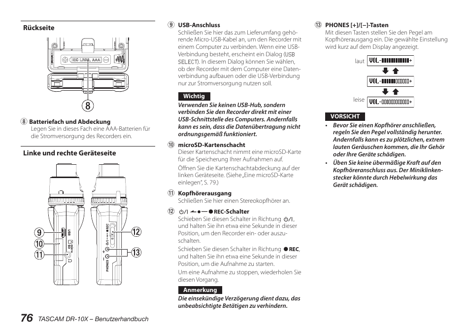 Rückseite, Linke und rechte geräteseite | Teac DR-10X User Manual | Page 76 / 132