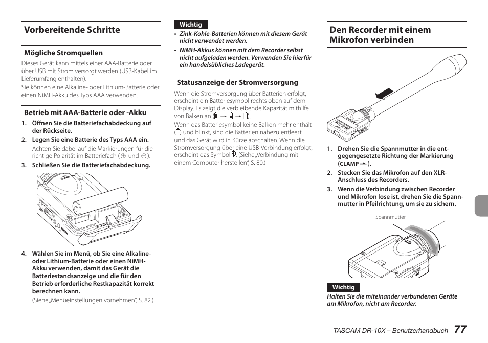 Vorbereitende schritte, Mögliche stromquellen, Betrieb mit aaa-batterie oder -akku | Statusanzeige der stromversorgung, Den recorder mit einem mikrofon verbinden | Teac DR-10X User Manual | Page 77 / 132