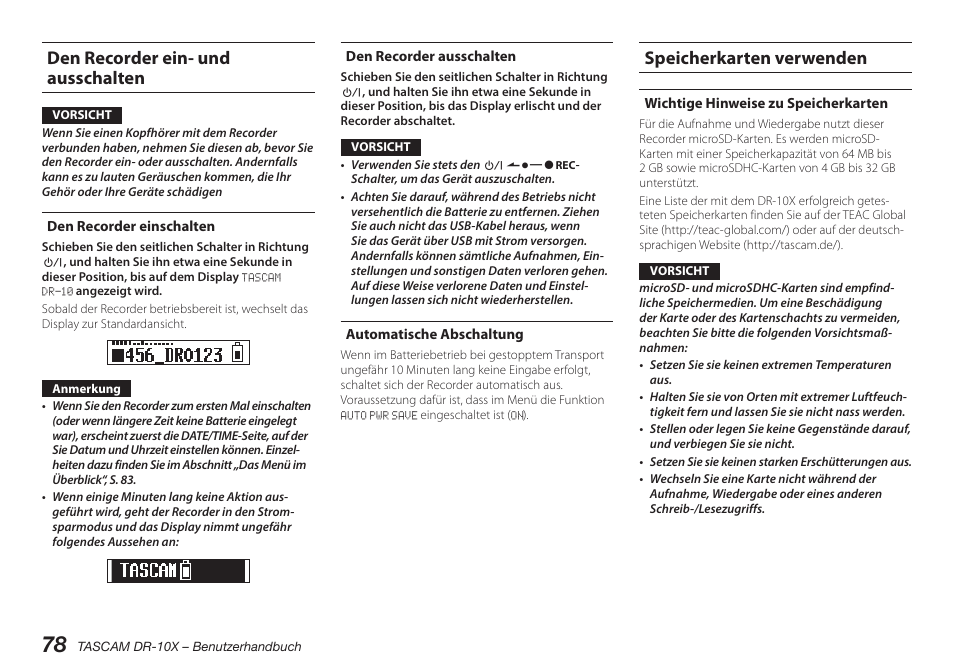 Den recorder ein- und ausschalten, Den recorder einschalten, Den recorder ausschalten | Automatische abschaltung, Speicherkarten verwenden, Wichtige hinweise zu speicherkarten | Teac DR-10X User Manual | Page 78 / 132