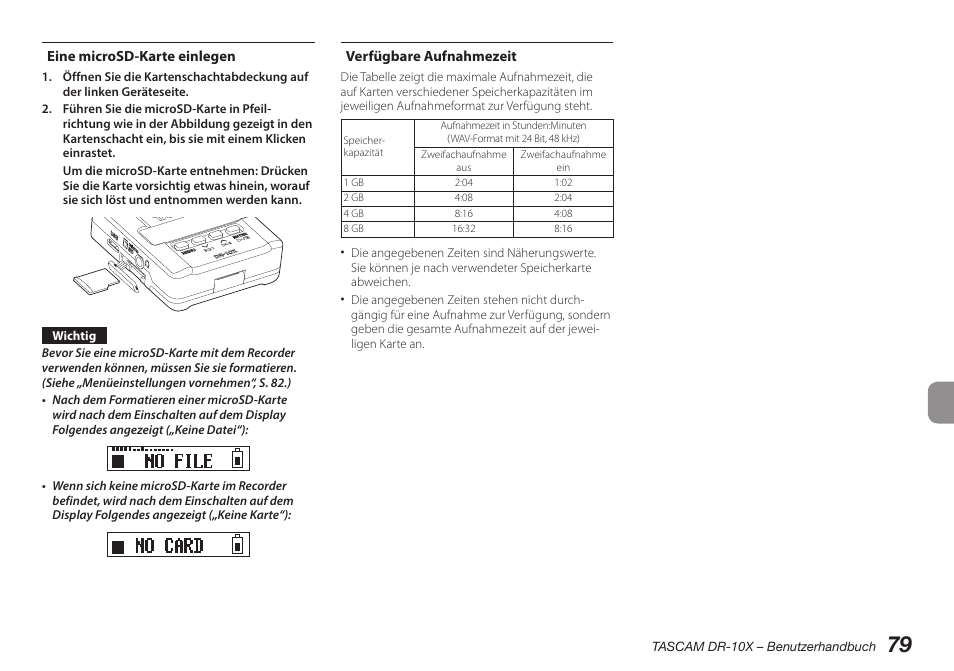 Eine microsd-karte einlegen, Verfügbare aufnahmezeit | Teac DR-10X User Manual | Page 79 / 132