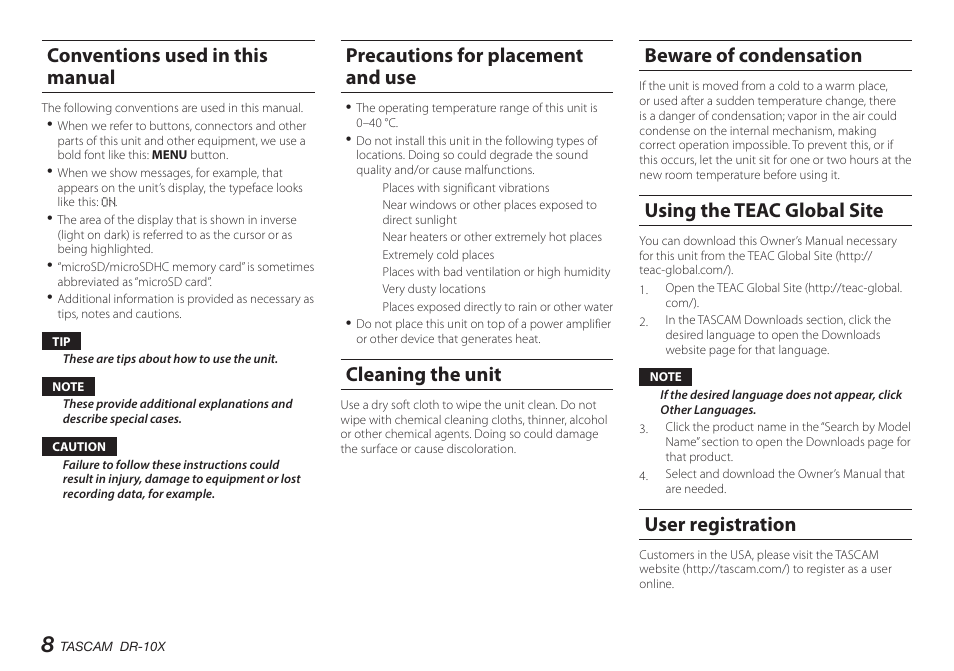 Conventions used in this manual, Precautions for placement and use, Cleaning the unit | Beware of condensation, Using the teac global site, User registration | Teac DR-10X User Manual | Page 8 / 132