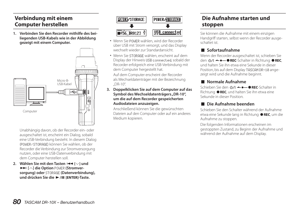 Verbindung mit einem computer herstellen, Die aufnahme starten und stoppen | Teac DR-10X User Manual | Page 80 / 132