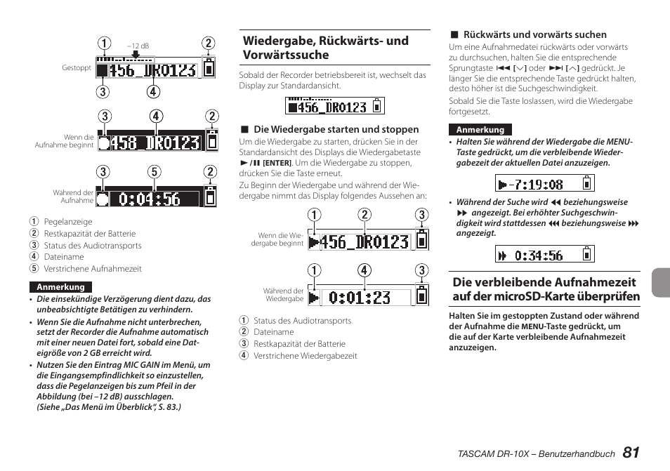 Wiedergabe, rückwärts- und vorwärtssuche | Teac DR-10X User Manual | Page 81 / 132