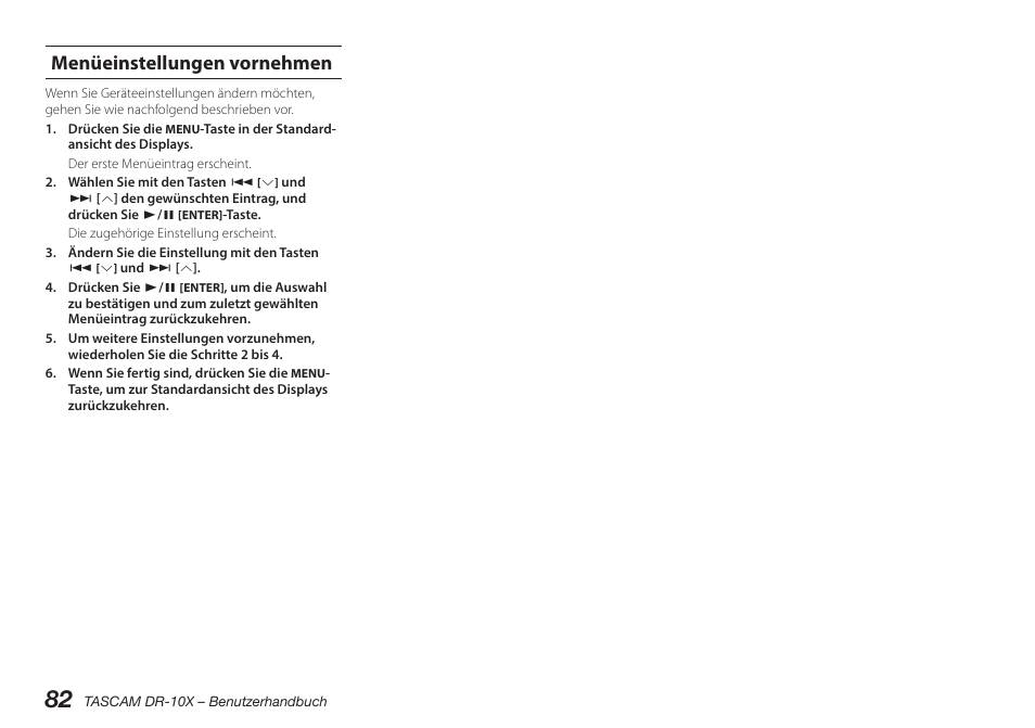 Menüeinstellungen vornehmen | Teac DR-10X User Manual | Page 82 / 132