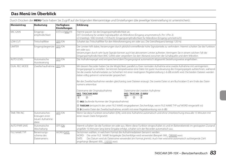 Das menü im überblick | Teac DR-10X User Manual | Page 83 / 132