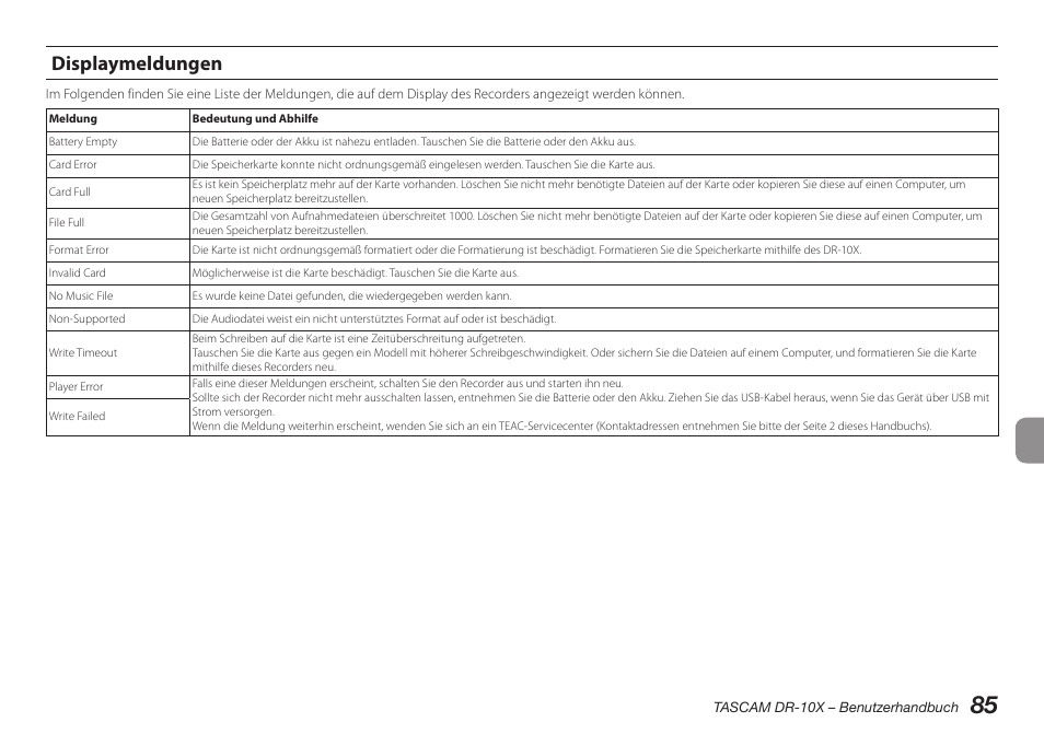 Displaymeldungen | Teac DR-10X User Manual | Page 85 / 132