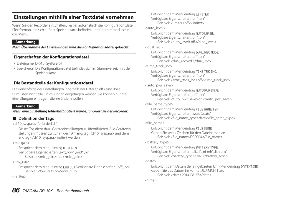 Einstellungen mithilfe einer textdatei vornehmen, Eigenschaften der konfigurationsdatei, Die bestandteile der konfigurationsdatei | Teac DR-10X User Manual | Page 86 / 132