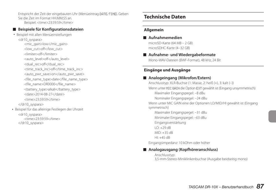 Technische daten, Allgemein, Eingänge und ausgänge | Teac DR-10X User Manual | Page 87 / 132