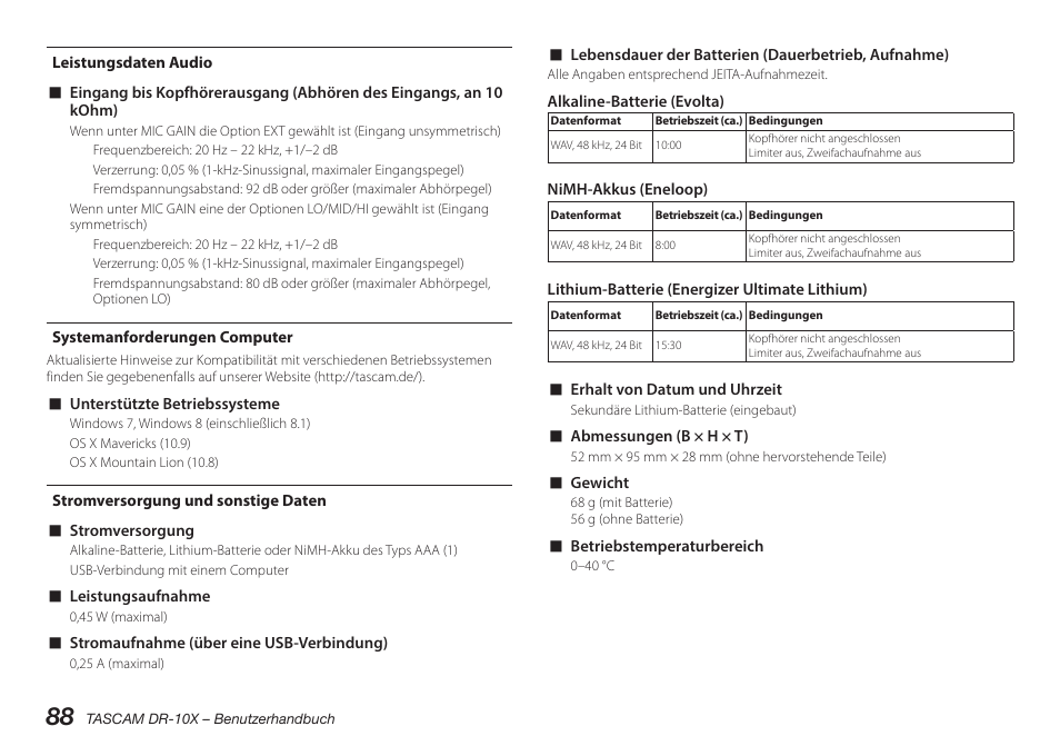 Leistungsdaten audio, Systemanforderungen computer, Stromversorgung und sonstige daten | Teac DR-10X User Manual | Page 88 / 132