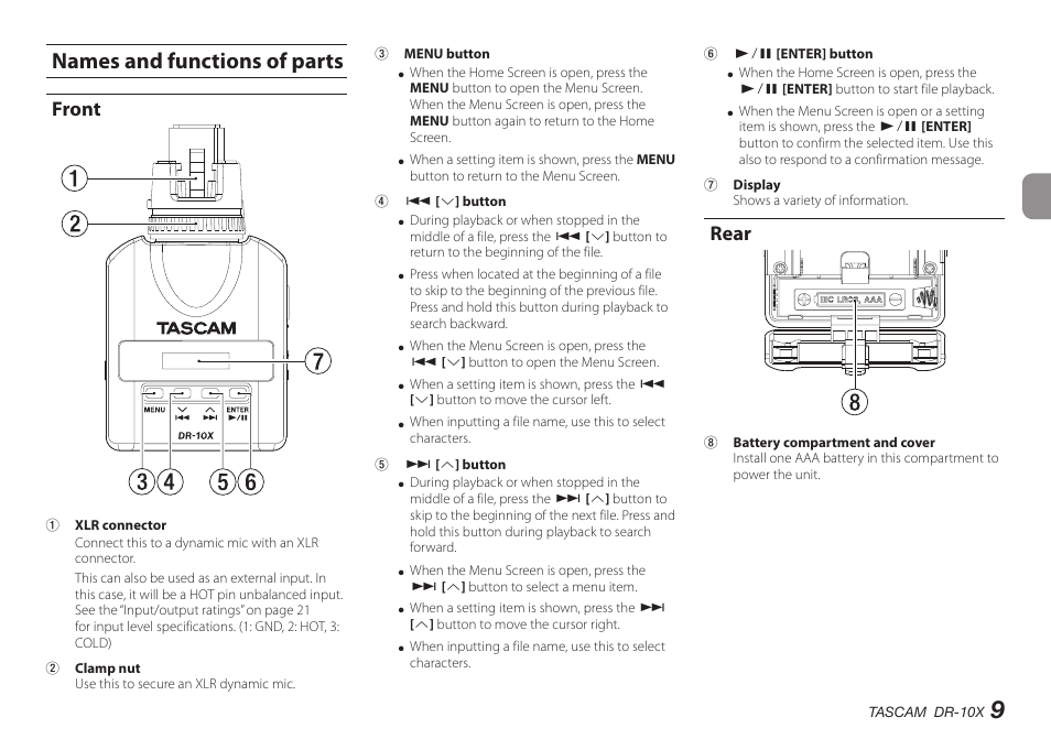 Names and functions of parts, Front, Rear | Teac DR-10X User Manual | Page 9 / 132