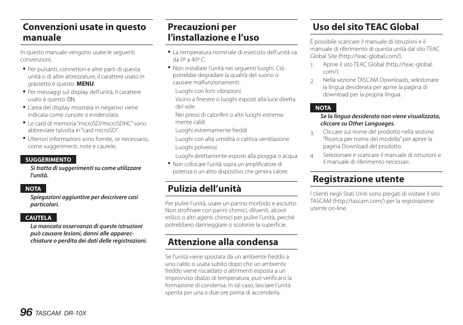 Convenzioni usate in questo manuale, Precauzioni per l’installazione e l’uso, Pulizia dell’unità | Attenzione alla condensa, Uso del sito teac global, Registrazione utente | Teac DR-10X User Manual | Page 96 / 132