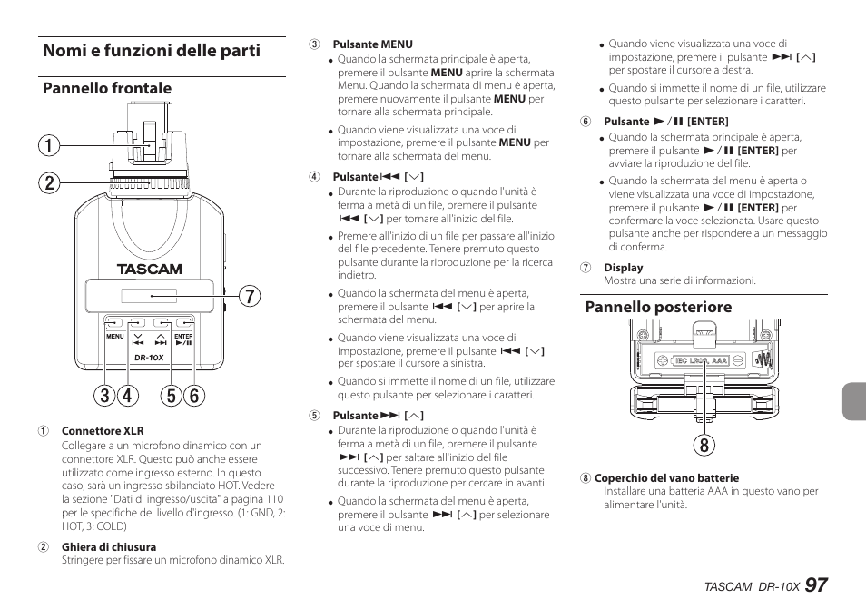 Nomi e funzioni delle parti, Pannello frontale, Pannello posteriore | Teac DR-10X User Manual | Page 97 / 132